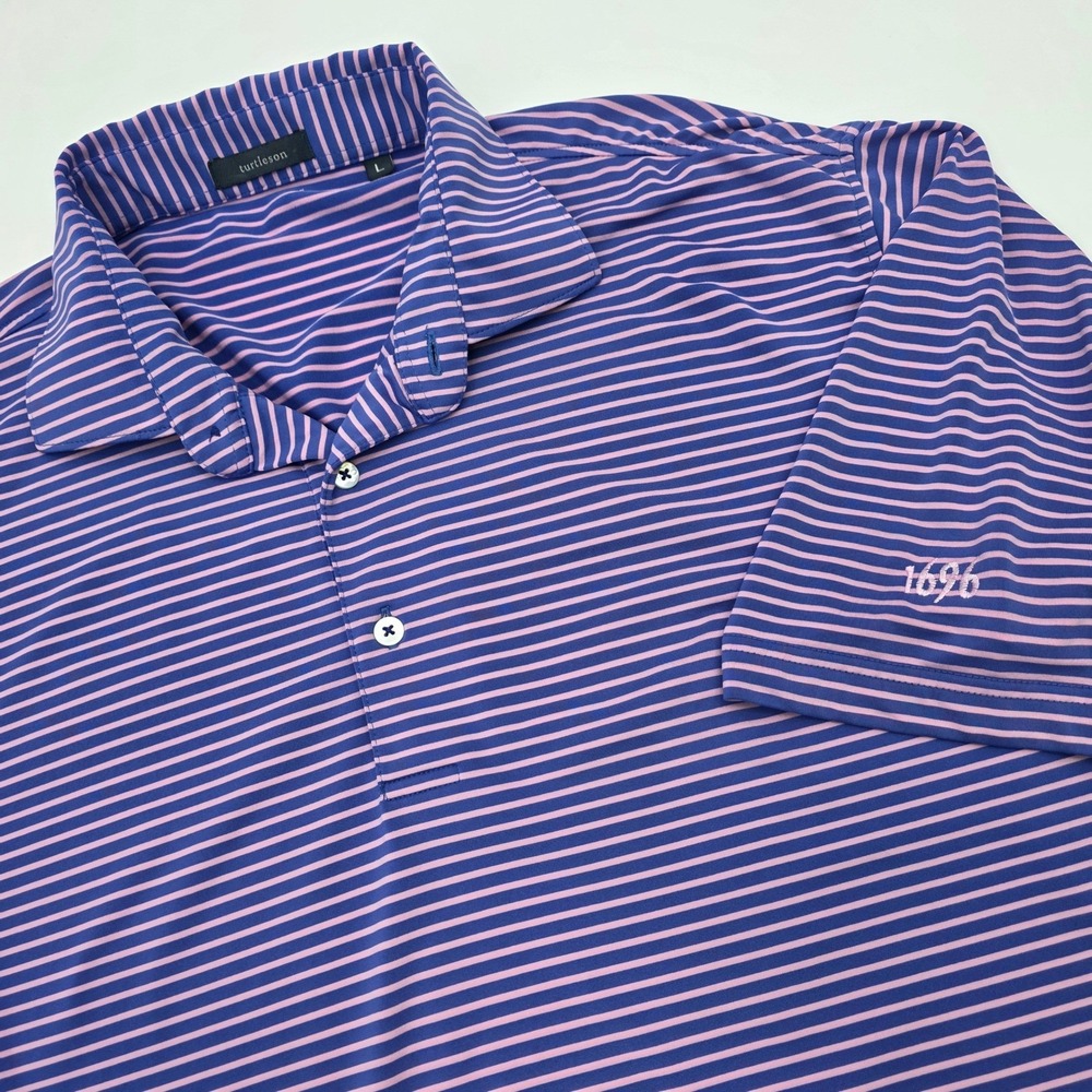TURTLESON JONATHAN LANDING 1696 GOLF POLO MENS LARGE PURPLE PINK STRIPED